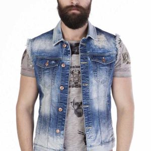 CW107 Herren Jeansweste im modischen Used-Look