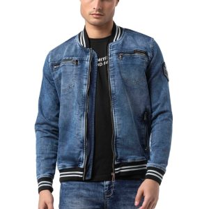 CJ310 Herren Jeansjacke mit gestreiftem Bündchen und College-Kragen