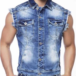 CW102 Herren Jeansweste mit coolem Hemdkragen