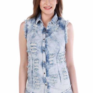 WH103 Damen Jeansweste mit lässigen Used-Details